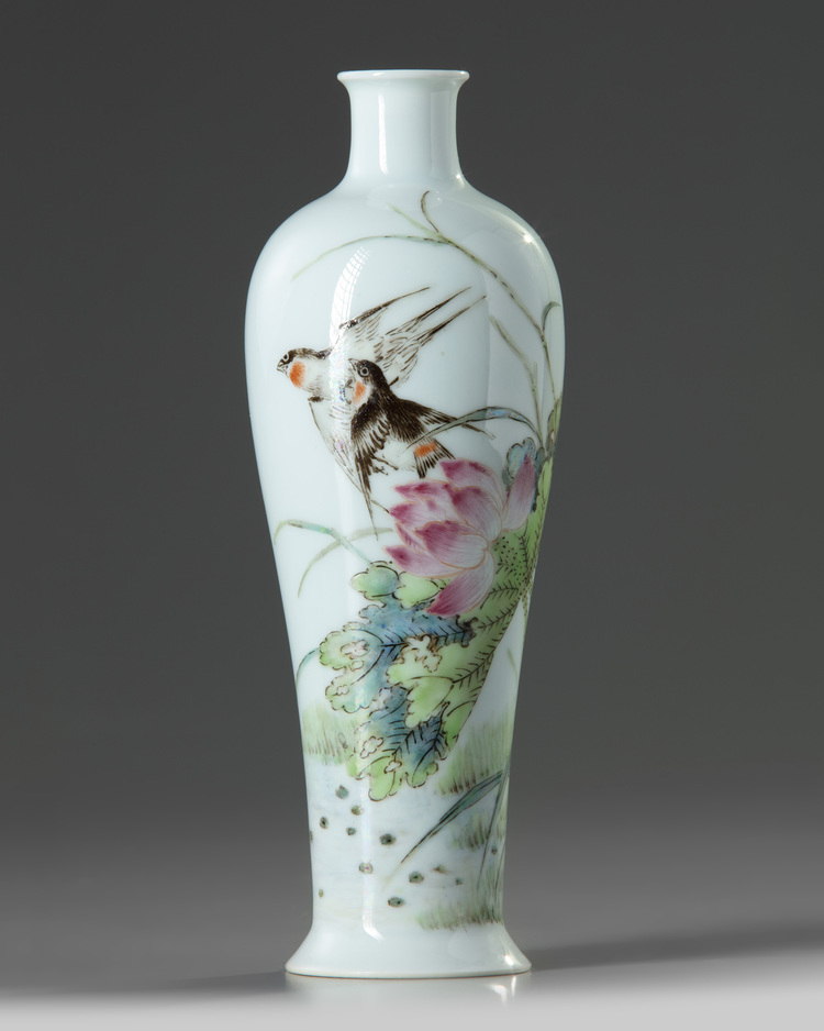 A Chinese famille rose 'birds and lotus' slender vase