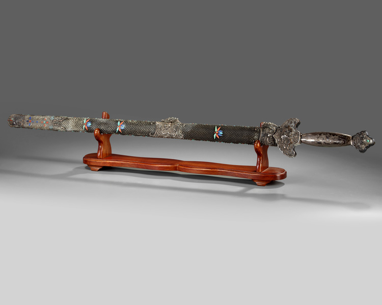 A Chinese sword with a filigree and hardstone-inlaid sheath