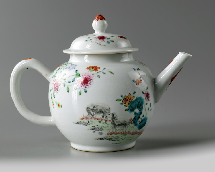 A Chinese famille rose 'twin ram' teapot and cover