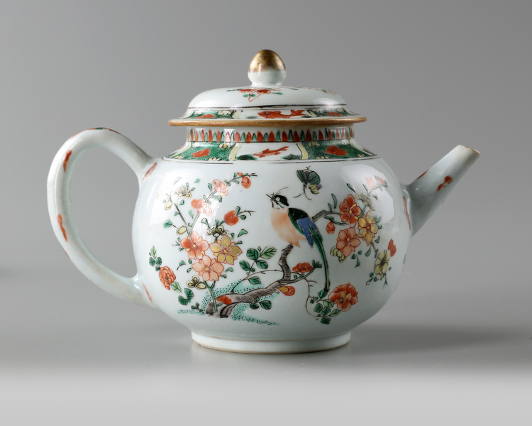 A Chinese famille verte 'bird and flower' teapot and cover