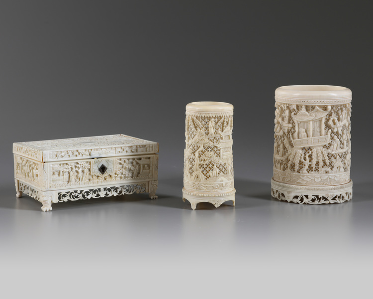 Two Chinese Cantonese-carved brush pots and a box
