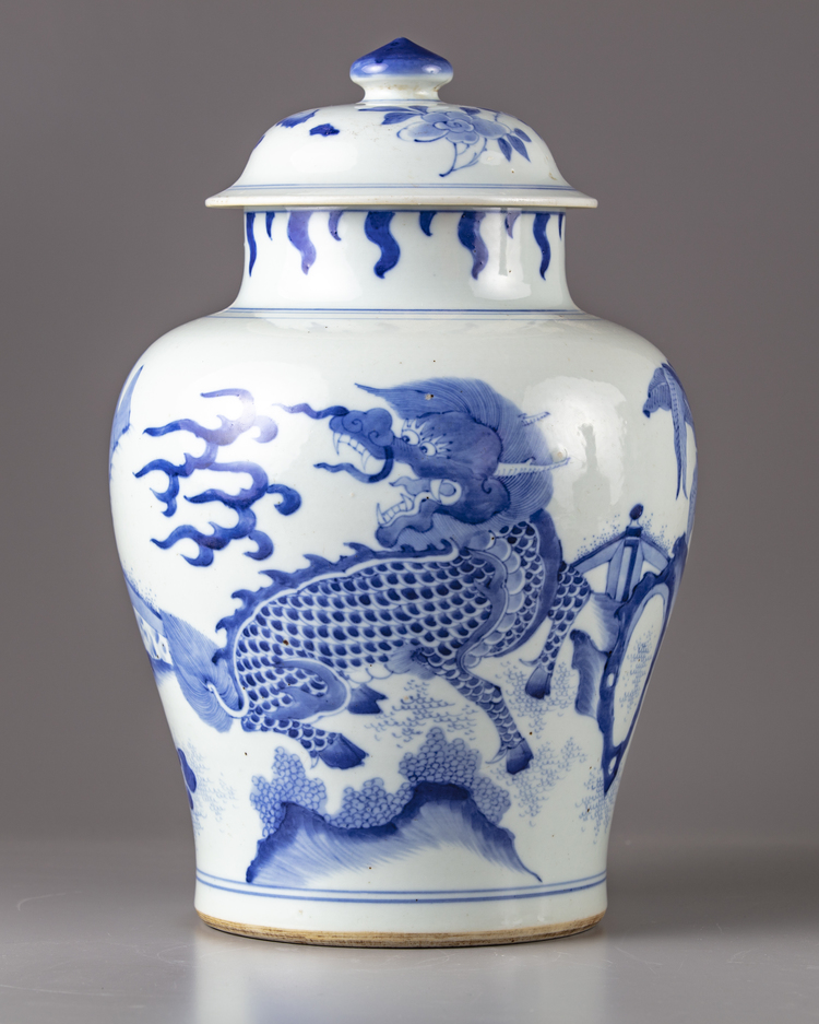 A Chinese blue and white 'dragon' jar and cover