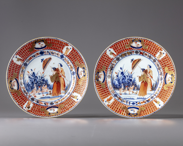 A pair of 'ladies and parasol' dishes