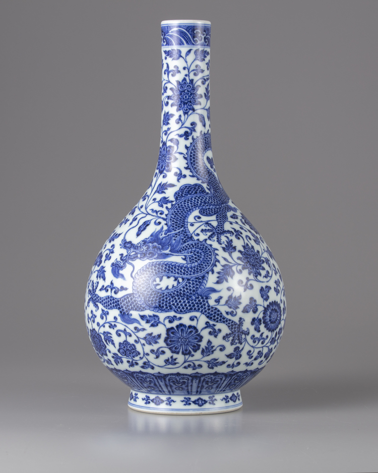 A Chinese blue and white 'dragon' bottle-vase