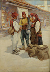A painting depicting a street sale with two peasants