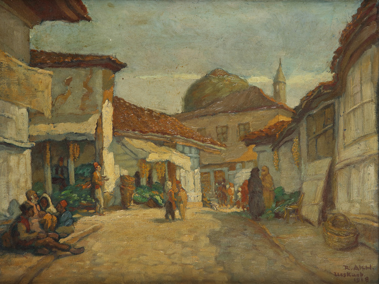 A painting depicting a street scene in Istanbul