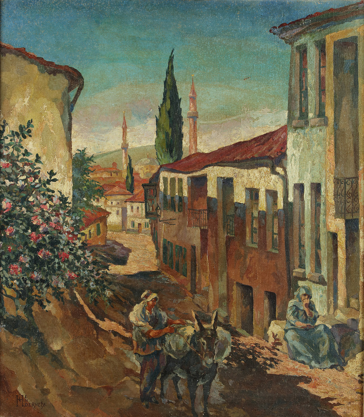 A painting depicting a hillside town and mosque