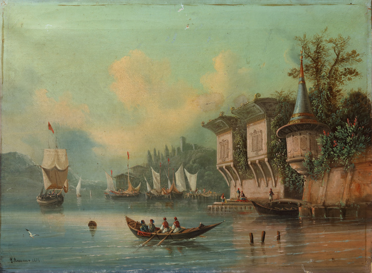 A painting depicting a Kaik approching a villa on the Bosphorus