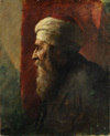 A portrait of an old man with beard wearing a turban