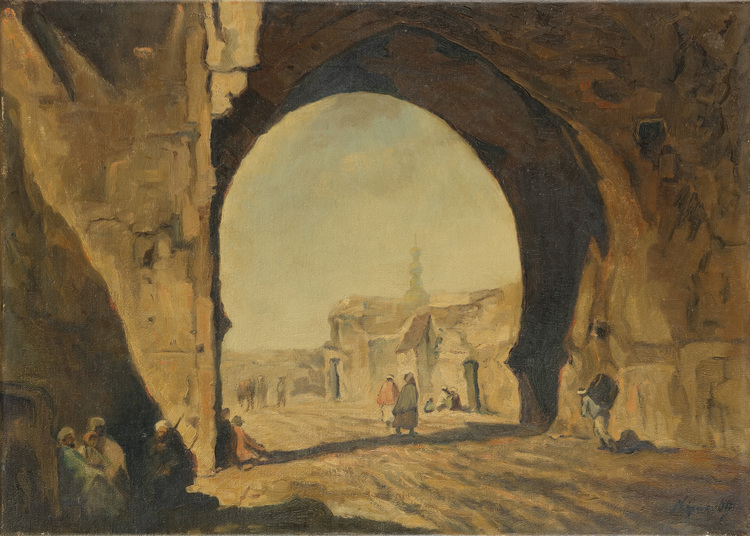A painting depicting figures at the town gate