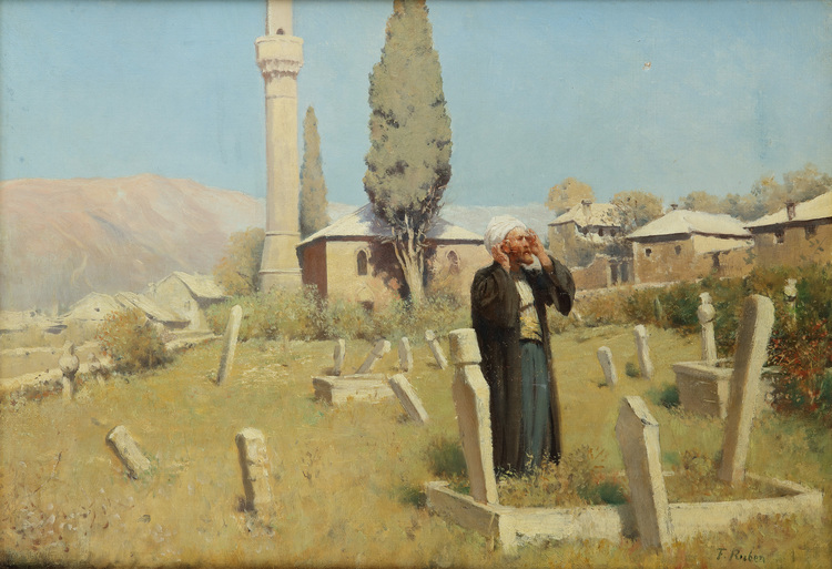 At prayer on the graveyard before the mosque