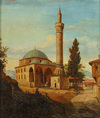 A painting depicting an old man resting before the mosque