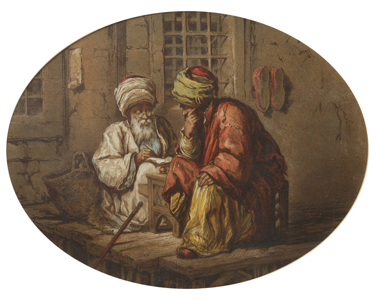 A painting depicting the wait for the prescription