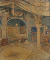 A painting depicting an alcove with bed in the harem