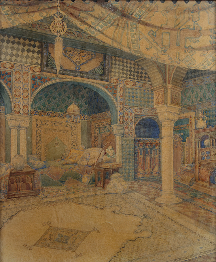 A painting depicting an alcove with bed in the harem