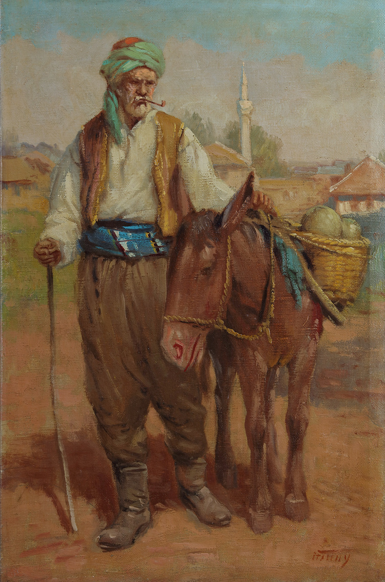 A painting depicting a man with a man with mule going to the market