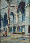 A painting depicting a man praying in the mosque