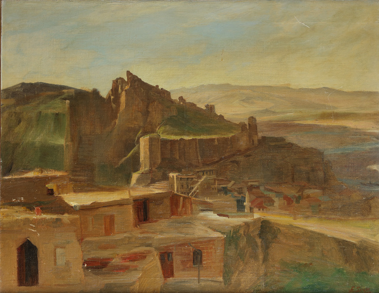 A painting depicting the town of Tiblisi, Georgia