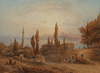 A painting depicting houses near the Bosphorus with Istanbul in the distance