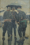 Three man under an umbrella, chatting in the snow
