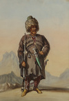 A watercolour painting depicting a caucasian warrior; Amadeo Preziosi