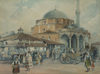 A painting depicting a Turkish market before a mosque