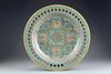A large Chinese turquoise-ground famille rose 'birthday' dish