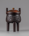 A CHINESE HARDWOOD ARCHAISTIC TRIPOD CENSER AND COVER, 19TH CENTURY
