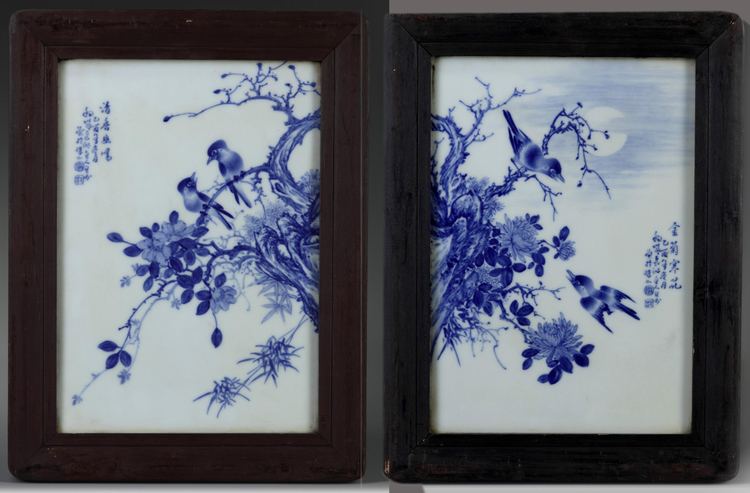 Two Chinese blue and white 'birds' panels