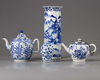 A group of four blue and white objects