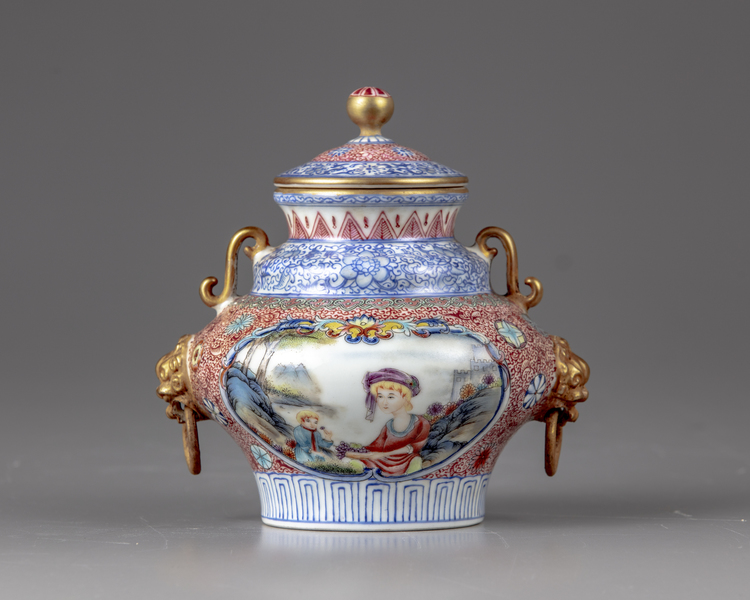 A famille rose European subject pot and cover