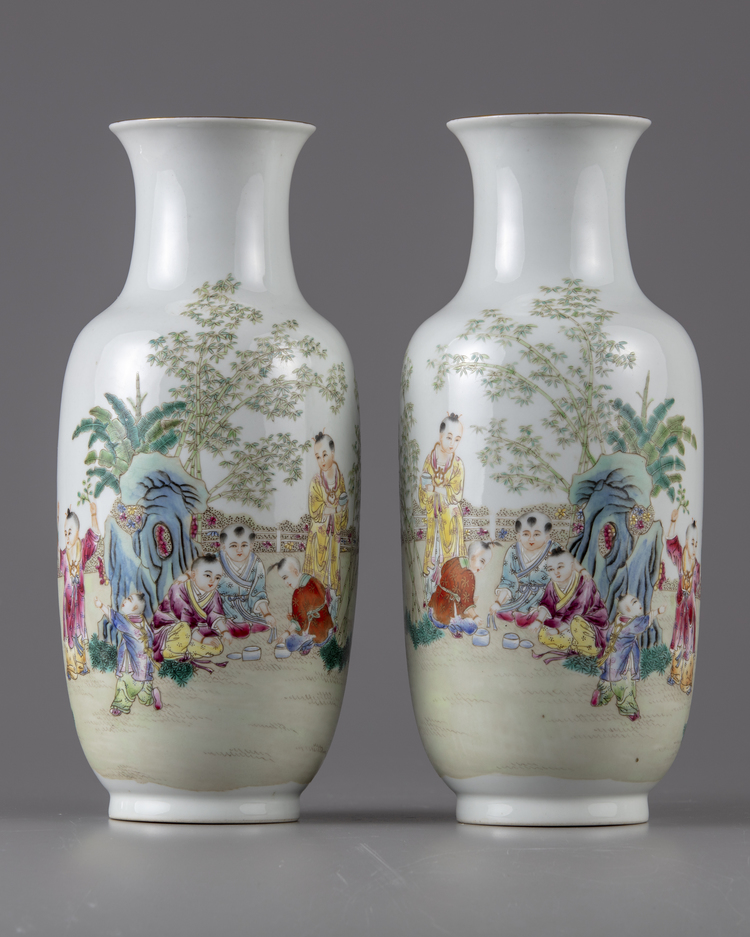 A PAIR OF CHINESE FAMILLE ROSE 'BOYS' VASES, 19TH-20TH CENTURY