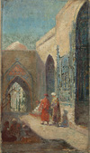 A painting depicting people sitting in the shadow and talking near the gate