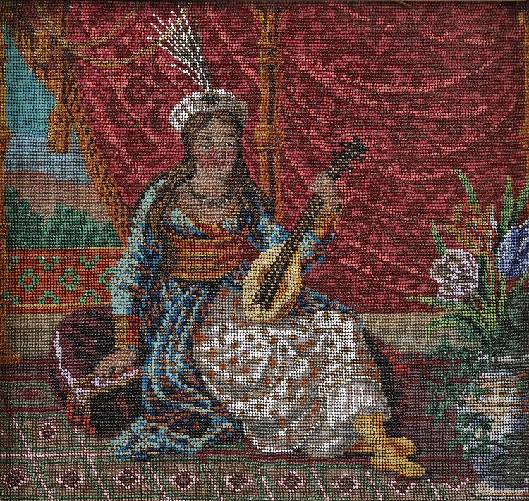 Harem lady with mandolin, before a curtain
