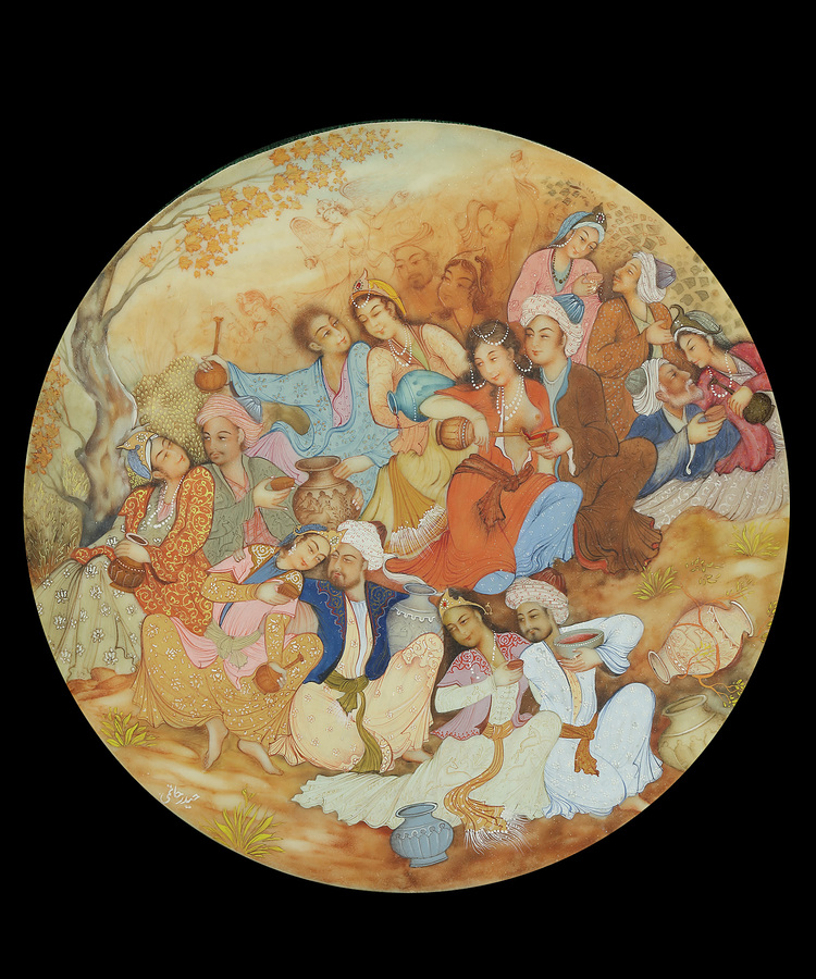 A circular painting depicting feasting and drinking couples.