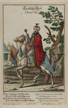 An ottoman hand coloured print depicting a ruler on a white Arabian horse