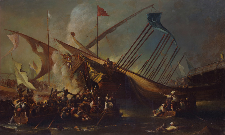 A painting depicting the Battle of Lepanto. The Holy Leage against the Ottoman Fleet