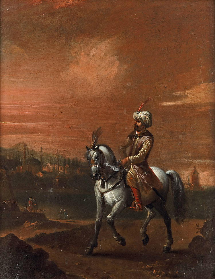 ORIENTALIST SCHOOL PASHA ON A HORSE WITH A VIEW OF ISTANBUL 19TH CENTURY