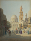 A PAINTING DEPICTING VARIOUS FIGURES NEAR THE MOSQUE IN CAIRO, 19TH-20TH CENTURY