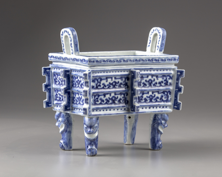 A Chinese blue and white archaistic censer, fang ding