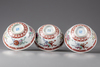 THREE CHINESE FAMILLE ROSE BOWLS WITH TWO SPOONS, 20TH CENTURY