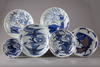 Five Chinese blue and white dishes and a bowl