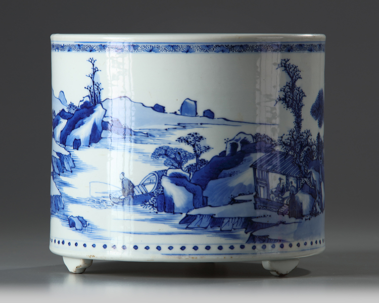 A large Chinese blue and white cylindrical censer