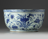 A CHINESE BLUE AND WHITE DUCKS AND LOTUS' BASIN, MING DYNASTY (1368-1644)