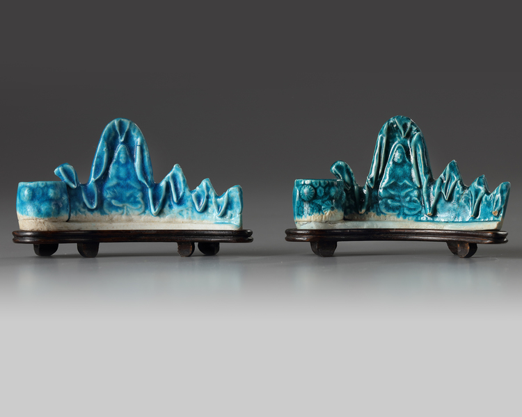 A pair of Chinese turquoise-glazed mountain-form brush rests