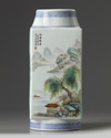 A Chinese famille rose landscape square-section vase, cong