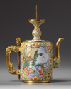 A Chinese painted enamel 'European subject' teapot and pricket stick cover