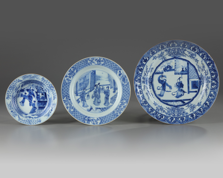 Three Chinese blue and white 'Romance of the Western Chamber' dishes