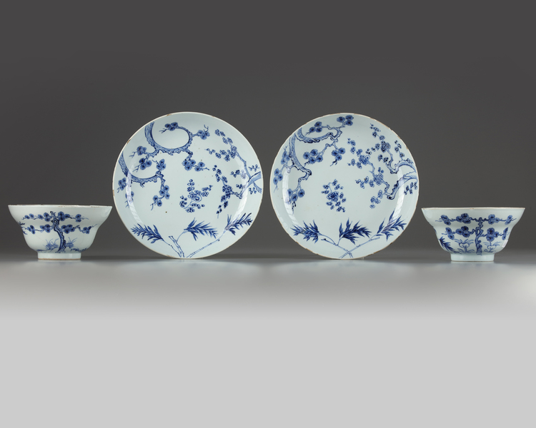 Two pairs of Chinese blue and white 'Three Friends of Winter' ogee bowls and plates