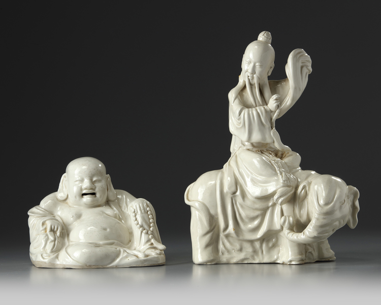 TWO CHINESE WHITE GLAZED IMMORTALS, 19TH CENTURY